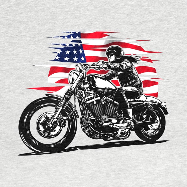 Woman biker on motorcycle with American flag by Stupid Coffee Designs